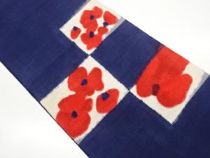 手織り紬格子に抽象花模様織出し名古屋帯